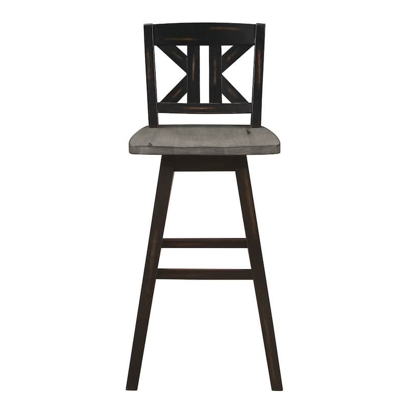 Ati 29 Inch Bar Height Stool Swivel Chairs Set of 2, X Back, Distressed Gray, Black