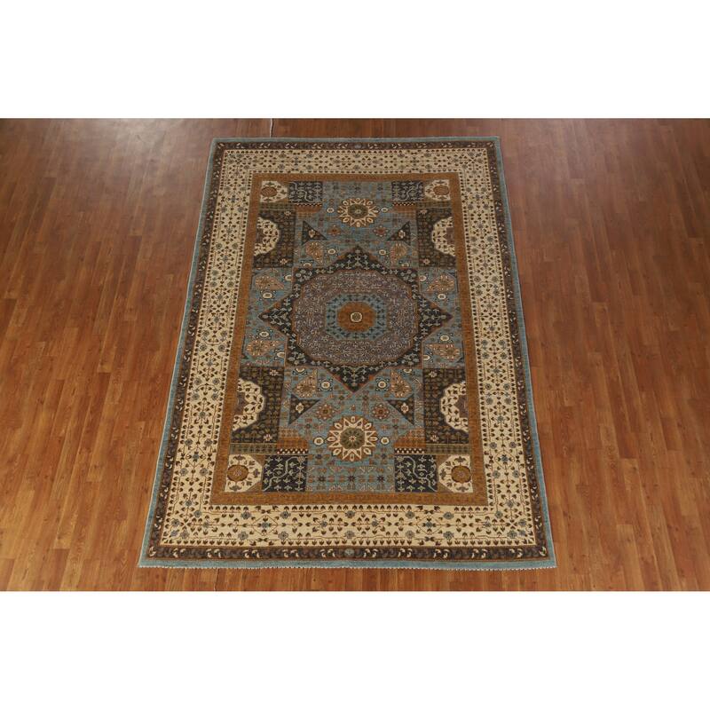 Hand Knotted Oriental 100% Wool Carpet Traditional Geometric Navy Blue & Blues Kazak Area Rug - 9' 9'' X 6' 7''