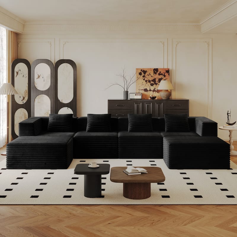 Modular Boneless Sectional Sofa, Deep Seat U-Shaped Corduroy Couch - Black 4 Seat - 2 Ottoman