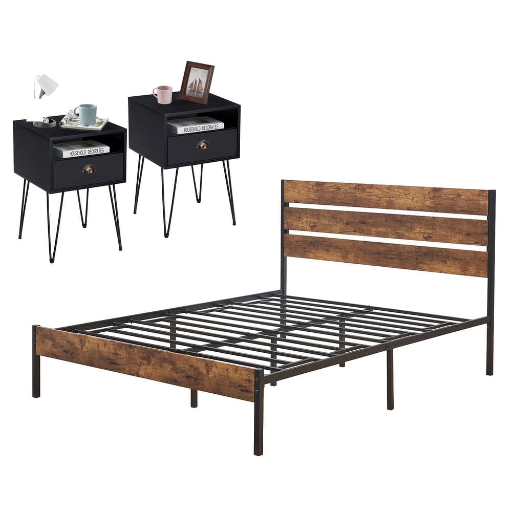 3-Pieces Bedroom Set with Rustic Brown Platform Bed Frame and Set of 2 Nightstands