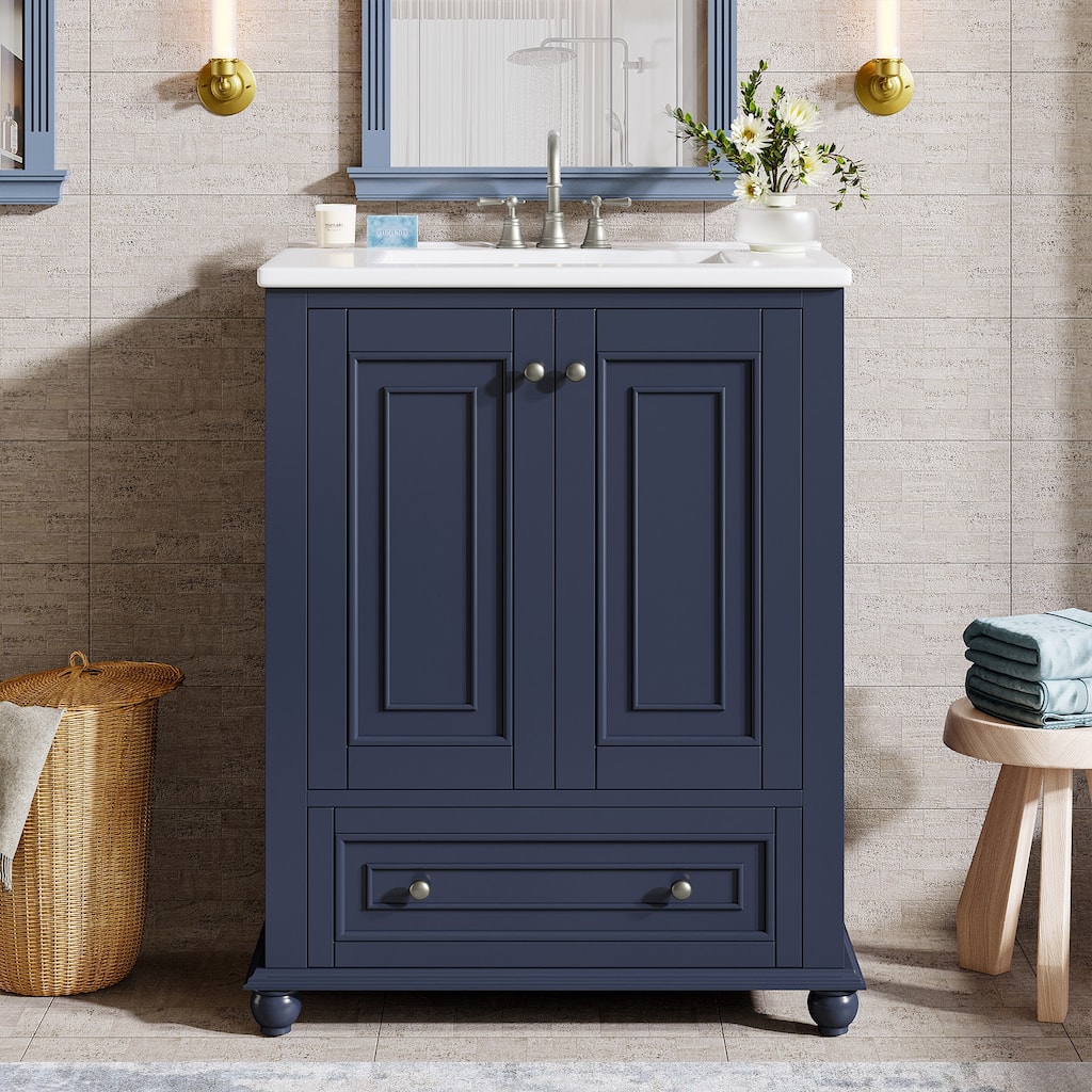 Solid Wood Modern Bathroom Vanity with Ceramic Sink, Adjustable Shelf Storage