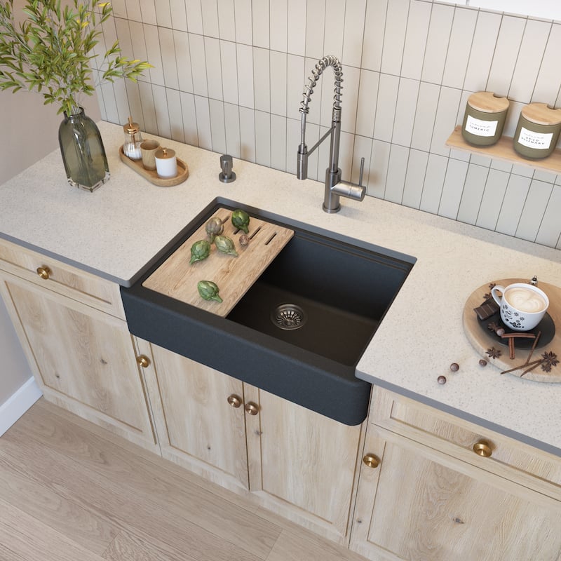 30" Granite Short-Apron Single-Bowl Farmhouse Kitchen Sink - Black