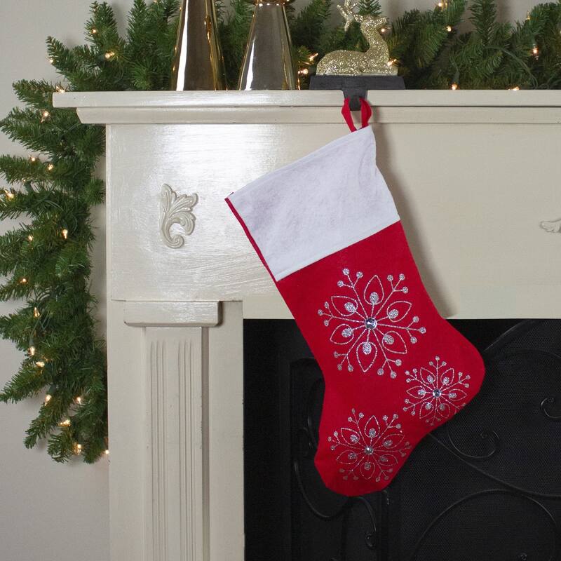 19" Red White Felt Christmas Stocking Glitter Snowflakes Gemstones