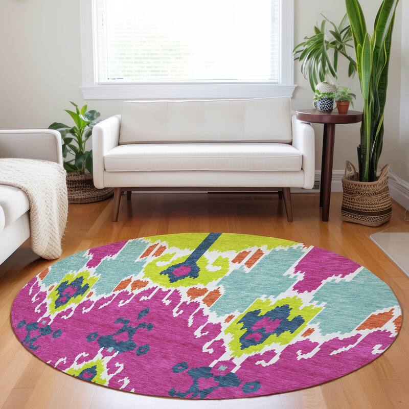 Premium Washable Super Soft Boho Ikat Mayfield Rug - Pink - 8' x 8' - Round