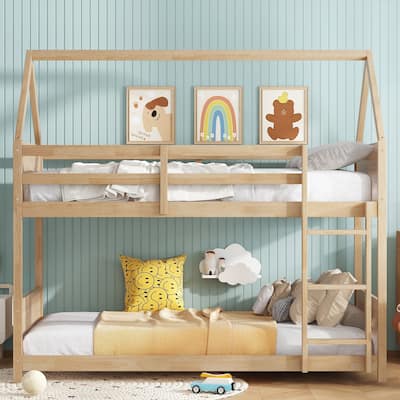Twin Over Twin House Bunk Bed with Playful Roof Design Safety Guardrails & Ladder (250lb Capacity)