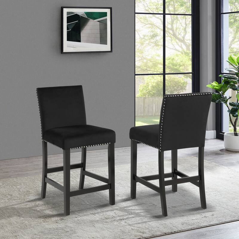 Contemporary Velvet Counter Stool With Nailhead Trim, Set Of 2