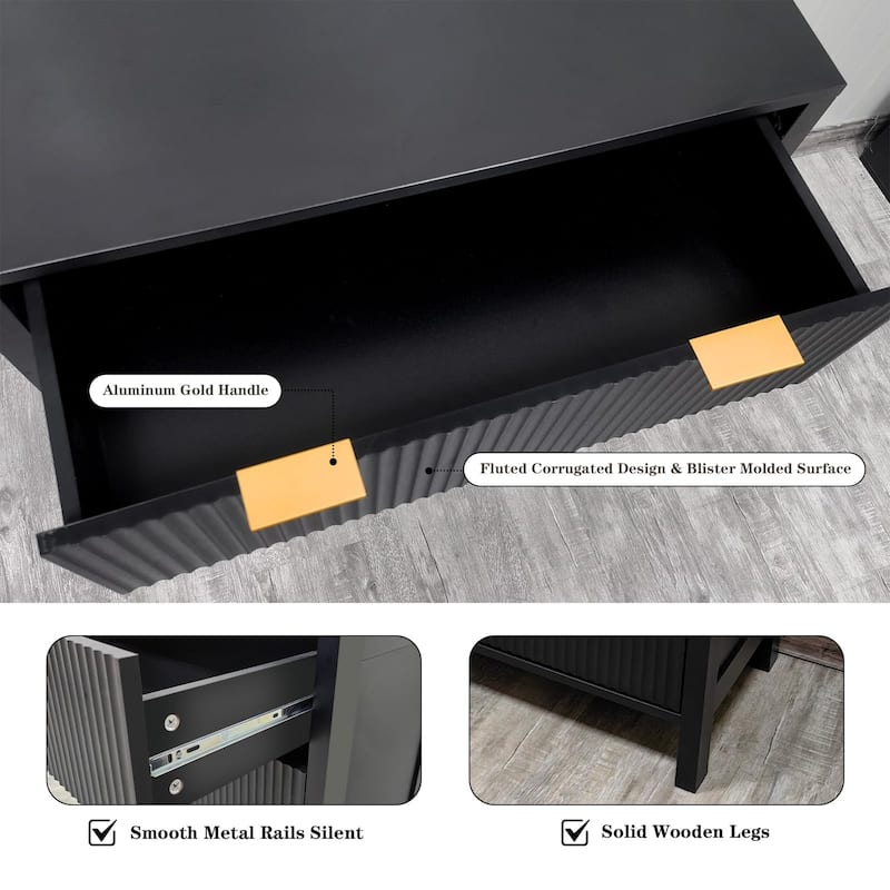 4 Drawer Fluted Dresser for Bedroom, Modern Wood Chest with Gold Handles, Narrow Storage Cabinet or TV Stand