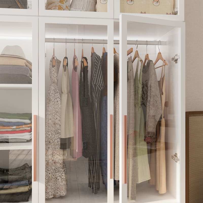 47.2" Wide Armoire LED Light All Glass Door Closet Cabinet Wardrobe