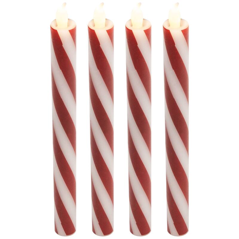 Flickering Candy Cane Striped Flameless Tapered Christmas Candles - 9.5" - Red and White - Set of 4