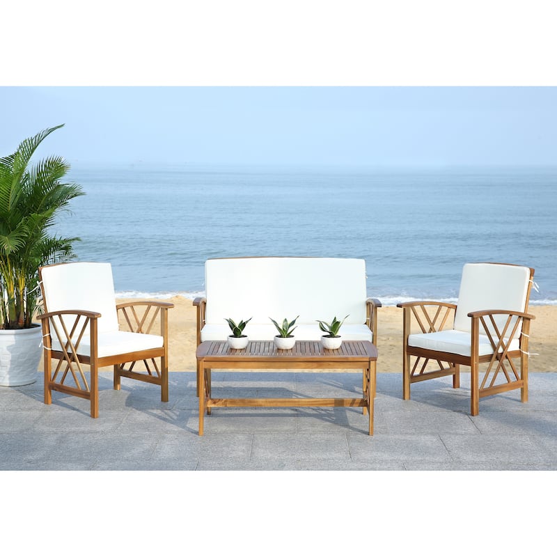 SAFAVIEH Outdoor Fontana 4-piece Acacia Wood Patio Conversation Set - Natural/Beige