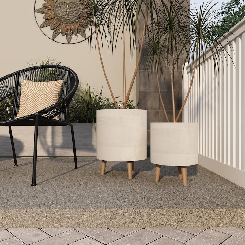 Magnesium Oxide Indoor Outdoor Planter with Wood Tripod Legs - Set of 2 White or Dark Gray - Roche River Decor