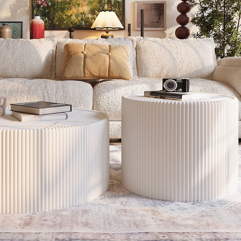 Modern Cylinder End Table with Light Slate Top, Leather-Wrapped Base, Luxury Sofa Side Table for Living Room