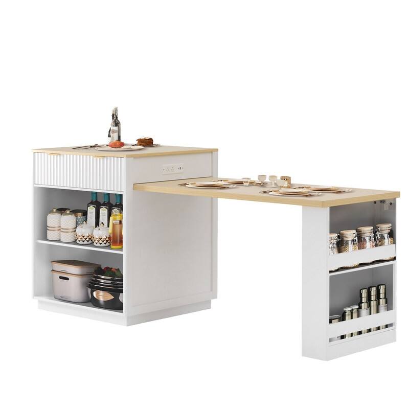 82.6" Fluted Kitchen Island with Extendable Dining Table and Power Outlet for Modern Kitchen Spaces