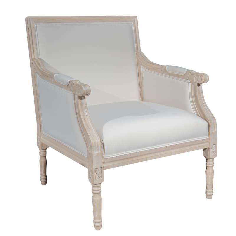 French Accent Chair Traditional Wood Frame Linen Upholstery Distressed Finish Home Decor, Singel