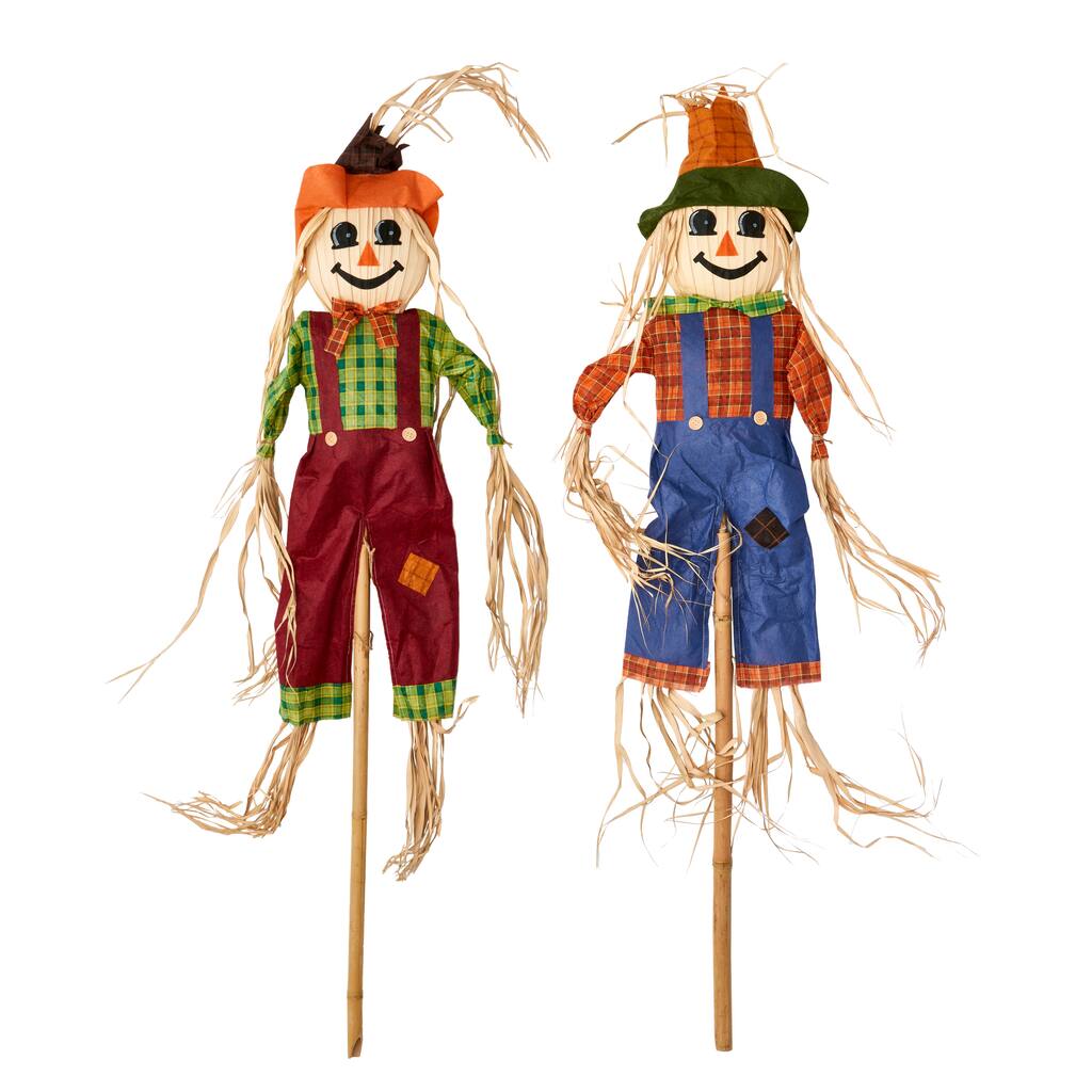 60" Scarecrow w/ Straw Face on Pole, Set of 2
