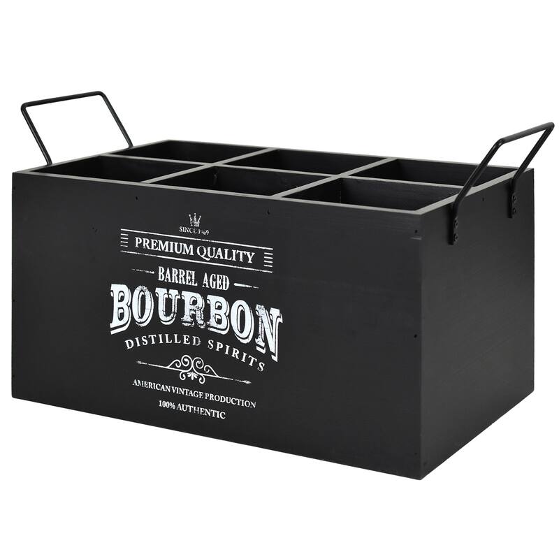 American Art Decor The Bourbon Bar Wood Crate Bottle Holder with Metal Handles - 7" H x 14" L x 8" D - Bourbon - Black/White