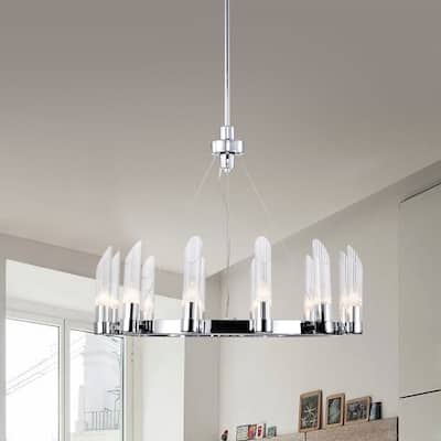 Leonie 25 Inch Wagon Wheel Ceiling Lighted Chandelier Chrome Polished Finish with Glass Shades 12-Light - N/A