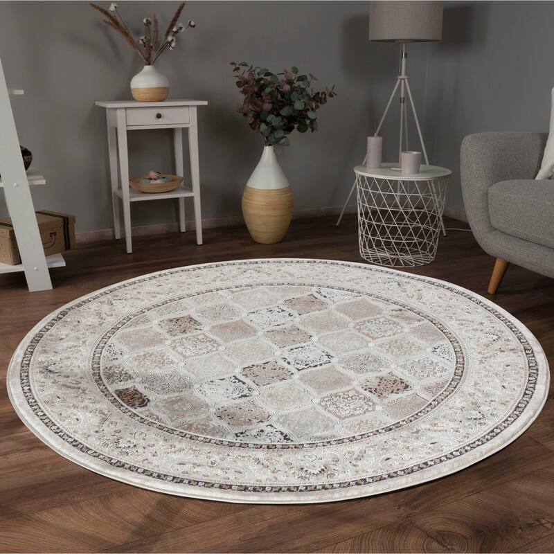 Omari Collection Grey/Blue Abstract Traditional Area Rug - 7'9" Round