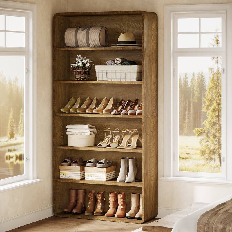71" Shoe Storage Cabinet, 6-Tier Wooden Vertical Shoe Rack Organizer with Open Shelf for Entryway, Living Room