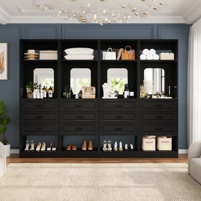 Cimly 25'' Freestanding Closet System with Drawers and Mirror, Display Shelves Organizer with Shelving - 4pcs - Black