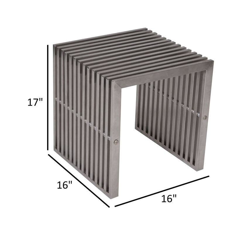 Meza 17 Inch Accent Stool, Waterfall Silver Slatted Panel Frame