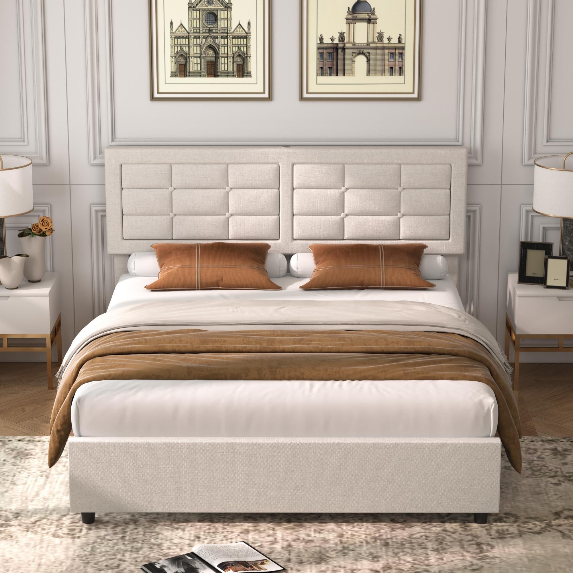 Javlergo Full Queen Size Bed Frame with USB Charging Station Adjustable Height Upholstered Headboard No Box Spring Needed