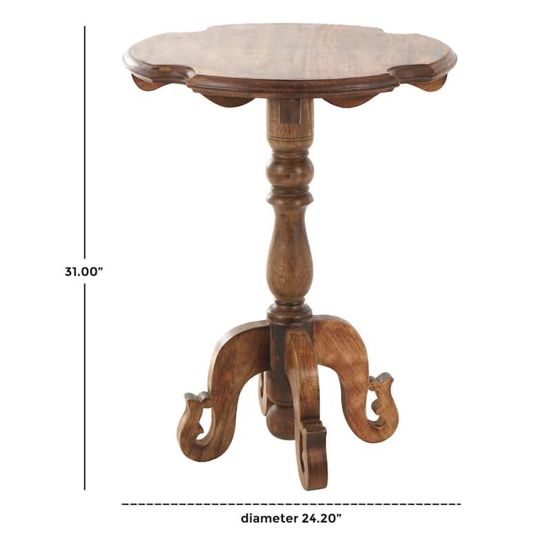 Brown Mango Wood Turned Side End Accent Table with Scrolled Legs and Cutout Tabletop