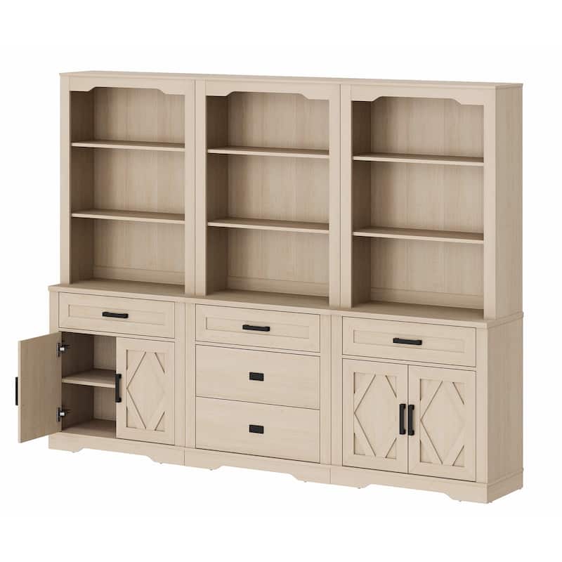 3-Column 73.3" Tall Bookshelf Set with Open Storage and Glass Doors