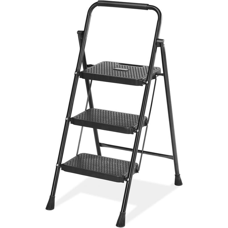 2 Step 3 Step Ladder, Foldable Step Stool Ladder with Anti-Slip Pedal, Sturdy Folding Step Tool, Black - 3 Step