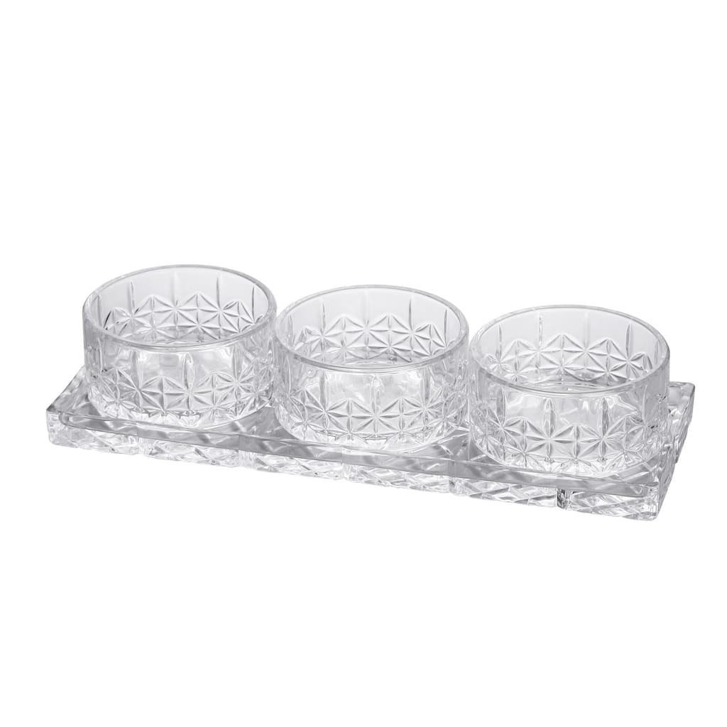Lorren Home Trends Crystal Glass Serving Set with 3 Decorative Bowls and Tray, 4 Inch Round Snack Bowls