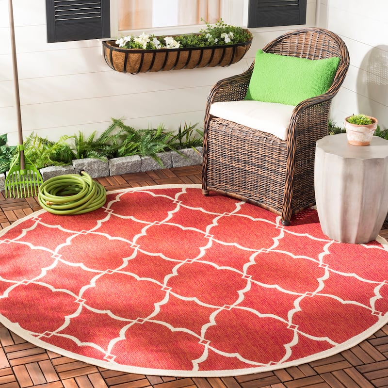 SAFAVIEH Beach House Caetana Indoor /Outdoor Waterproof Patio Backyard Rug - 6'7" Round - Red/Creme