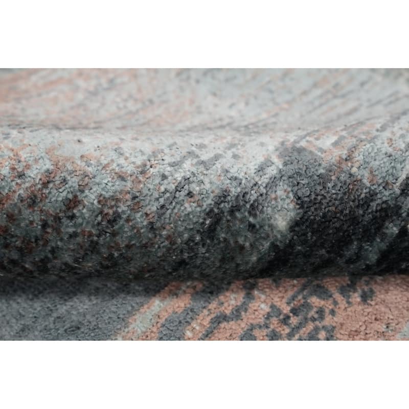 Hand Knotted Oriental Viscose Silk Carpet Modern Pictorial Navy Blue & Blues Abstract Area Rug - 7' 5'' X 5' 6''