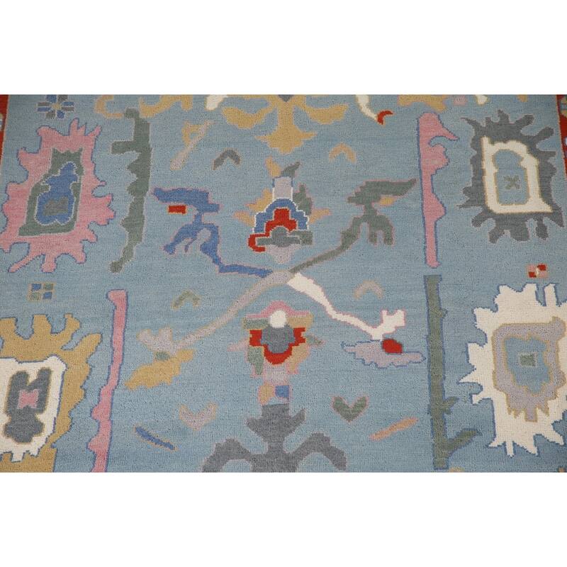 Light Blue Oushak Area Rug Hand-Knotted Floral Wool Carpet - 8'11"x 11'8"