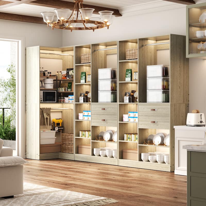 Set of 3 Corner Closet System with Tower Shelves, Closet Organizer with Drawers and Hanging Rods