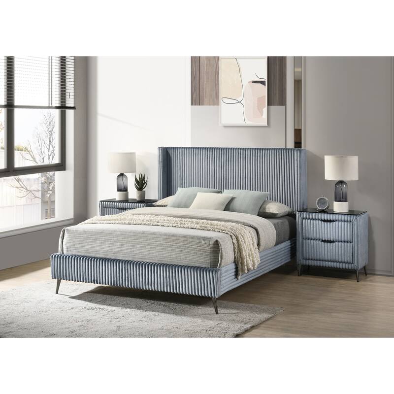 Mavela Wide Wale Corduroy Upholstery Panel Queen Bed with 2 Nightstands, Blue - Blue