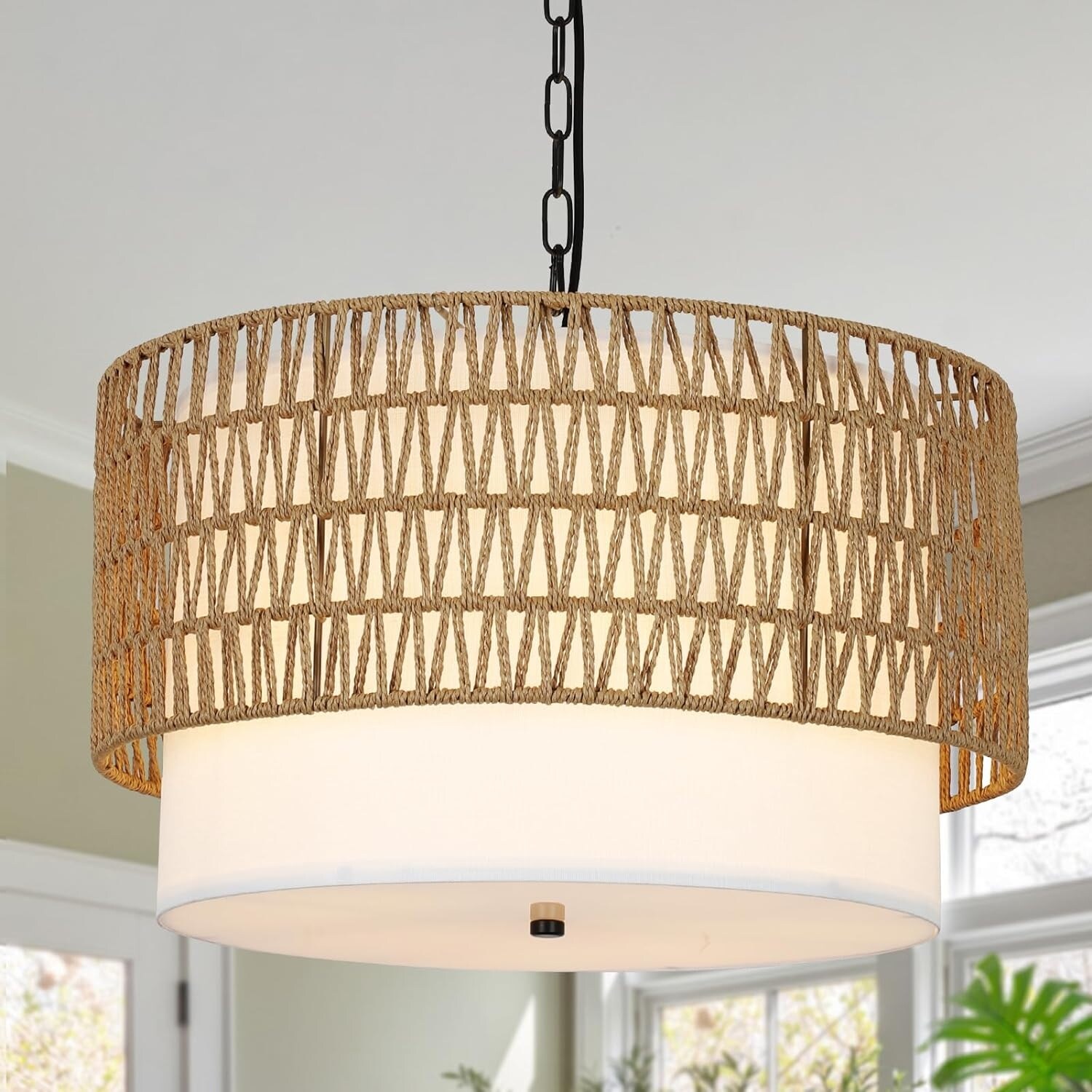 5-Light Rattan Boho Chandelier Light Fixture with Fabric