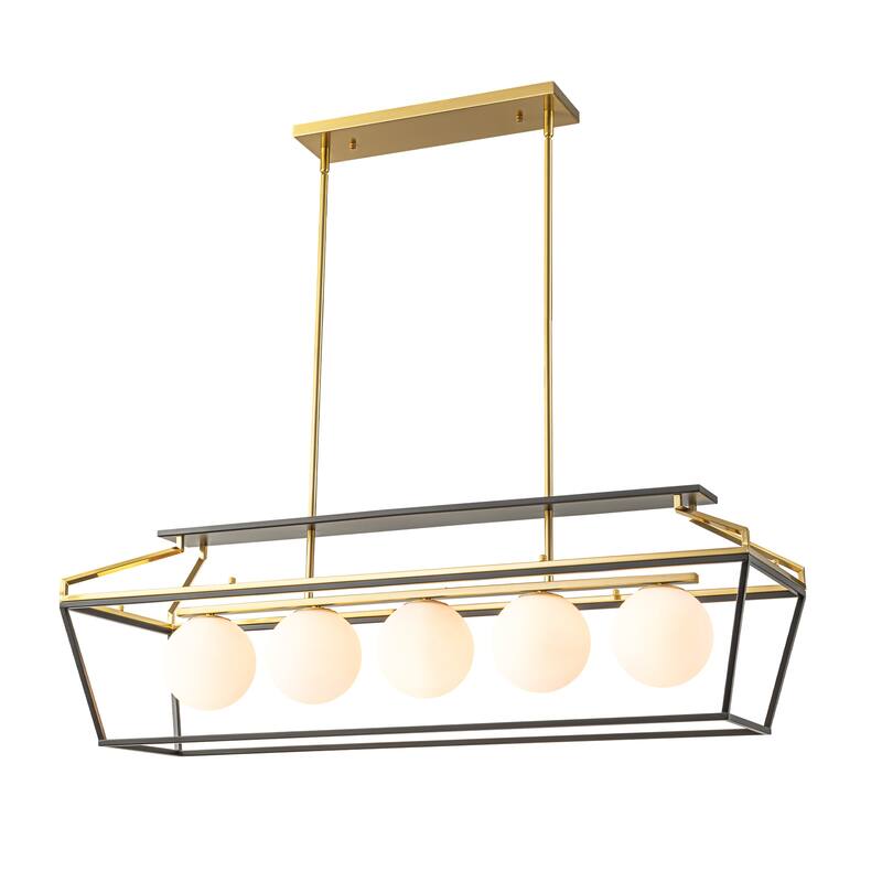5-Light Modern Linear Chandelier in Matte Black and Brass Finish with Milky White Glass Globes for Dining Room or Kitchen Island
