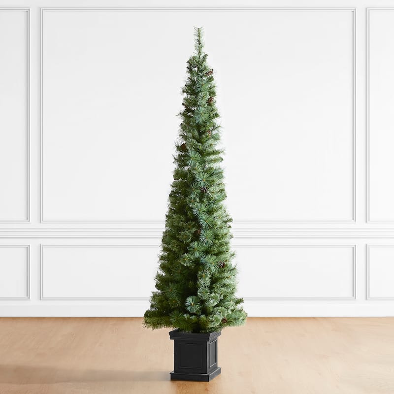 Glitzhome 5ft/6ft/7ft Pre-Lit Green Pine Christmas Potted Porch Tree with LED Lights and Remote Control