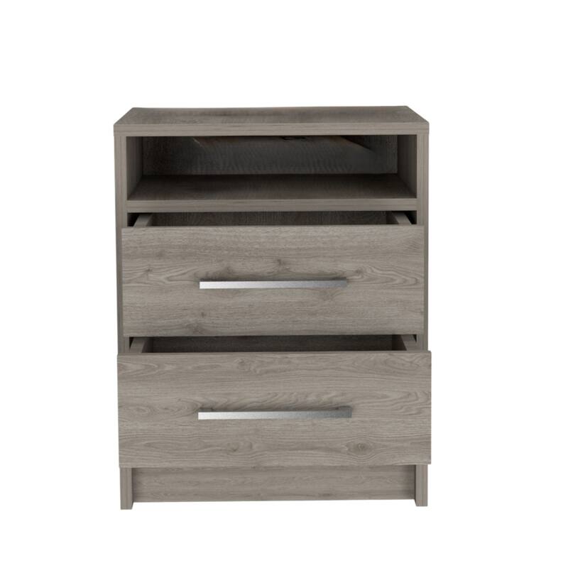 Wood 2-Drawer Nightstand with Shelf and Metal Accents - Light Grey