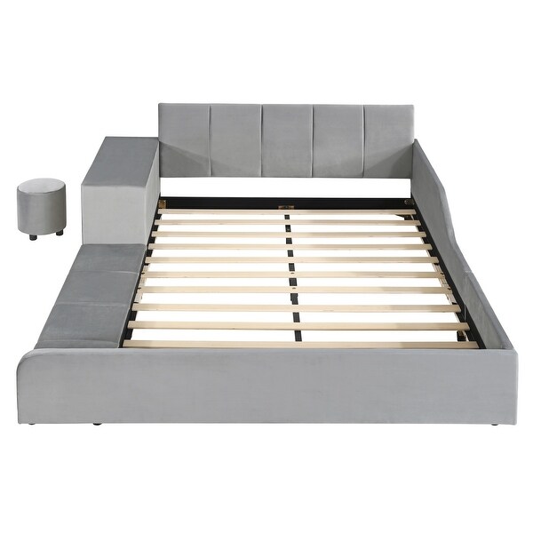Full Size Velvet Upholstered Platform Bed w/ Bedside Desk & Stool