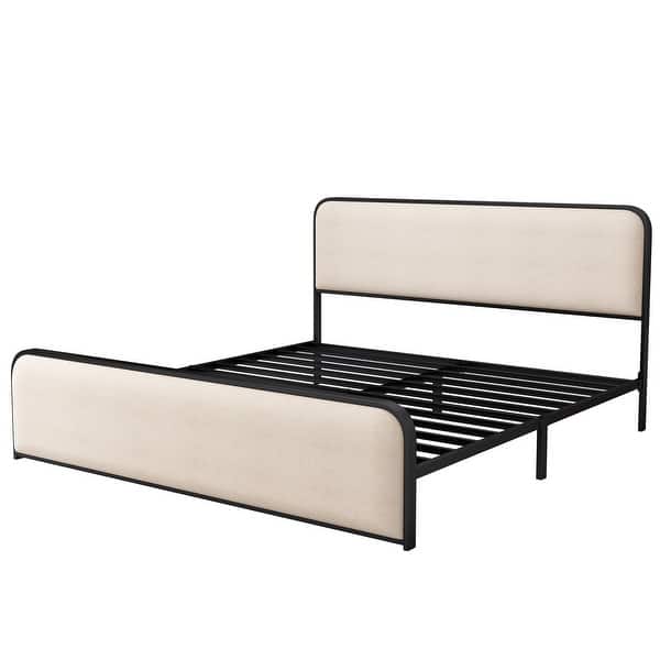 slide 2 of 10, King Size Platform Bed with Beige Curved Upholstered Headboard and Footboard, Metal Slats Bed Frame with Storage Underneath Beige - King