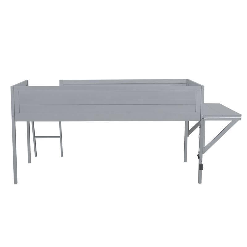 Grey Twin Size Gaming Loft Bed with Integrated Desk and LED Lighting, Storage Space for Consoles
