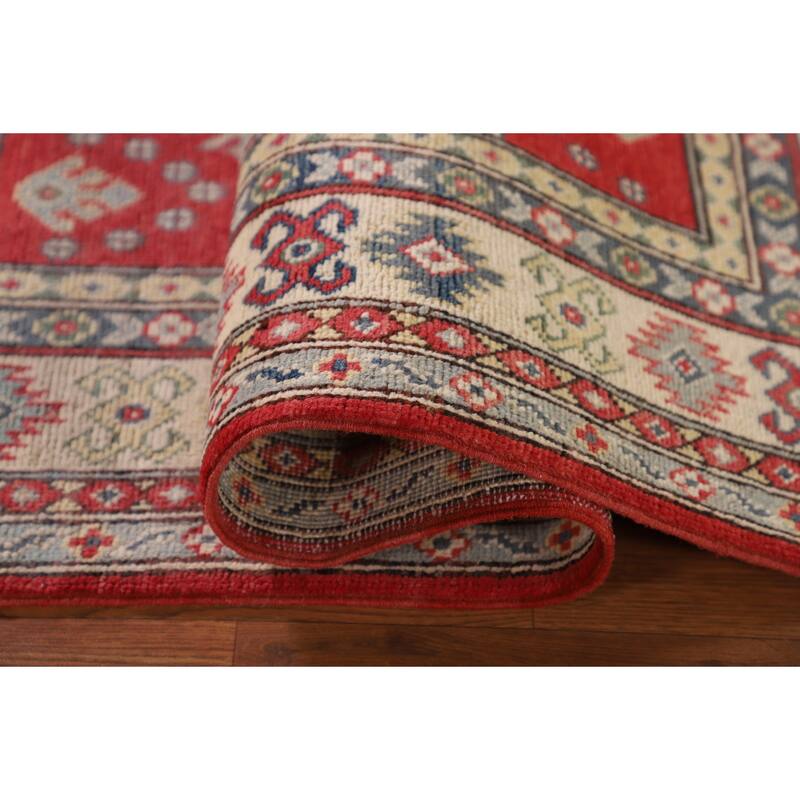 Geometric Kazak Accent Rug Handmade Red Wool Carpet - 3'2"x 5'0"