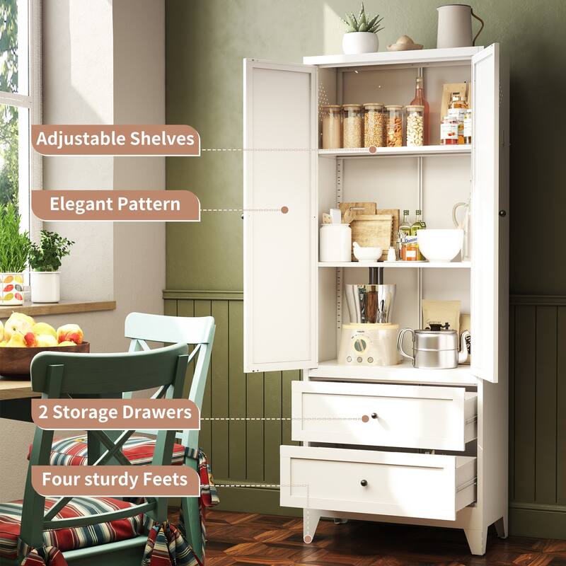 72 Inch White Pantry Cabinet with 2 Drawers, Freestanding Kitchen Storage Cabinet with Adjustable Shelves