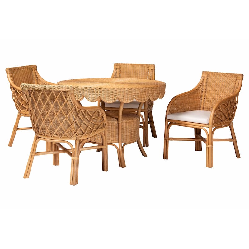 Tudor 5-Piece Rattan Dining Set - Round Wicker Table with Scallop Edge and 4 Armchairs, Handwoven Boho Coastal Style for Dining - Light Honey