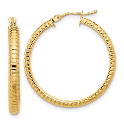 Curata 14k Yellow Gold Polished and Textured Round Hoop Earrings - 30.65x29.55mm