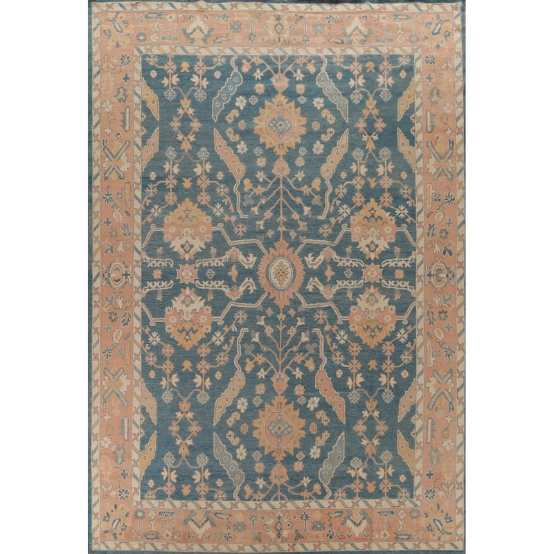 Hand Knotted Oriental 100% Wool Carpet Transitional All-Over Navy Blue & Blues Oushak Area Rug - 13' 10'' X 10' 1''