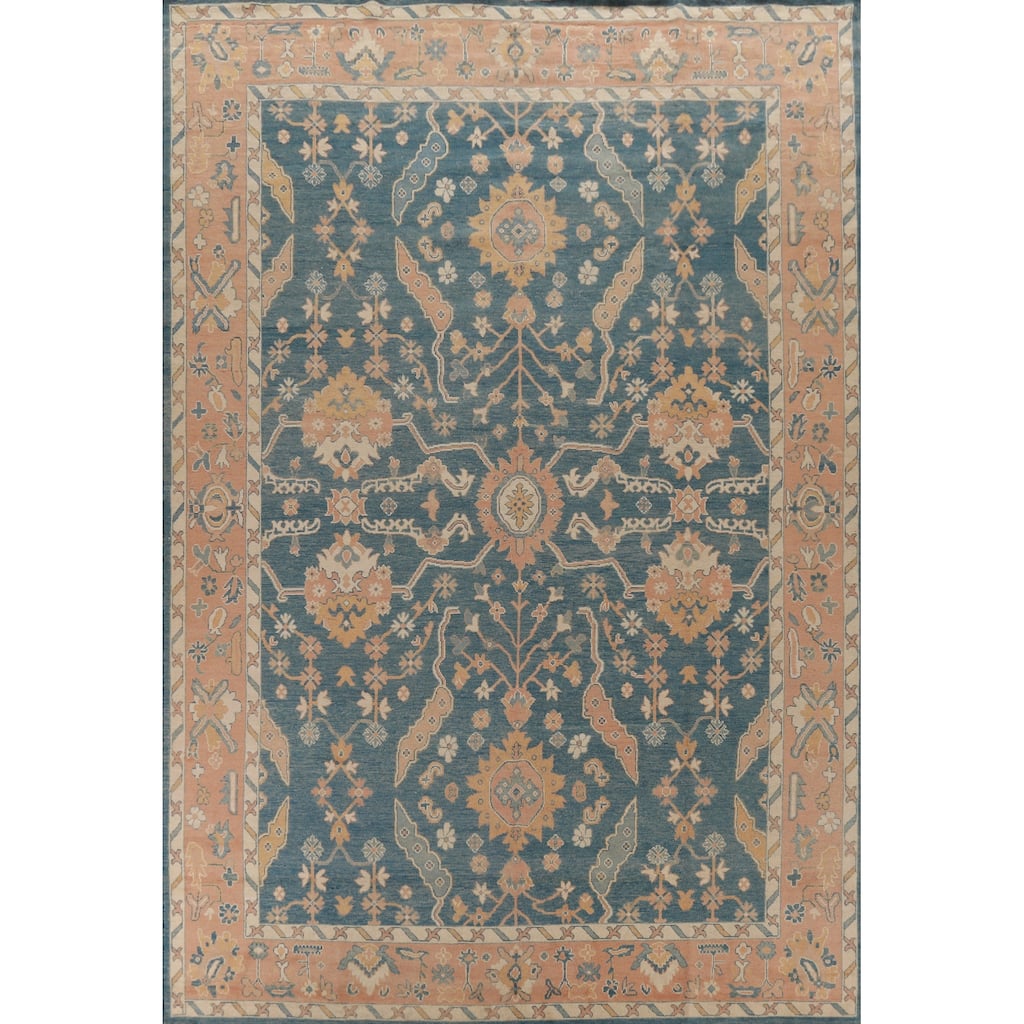 Hand Knotted Oriental 100% Wool Carpet Transitional All-Over Navy Blue & Blues Oushak Area Rug - 13' 10'' X 10' 1''