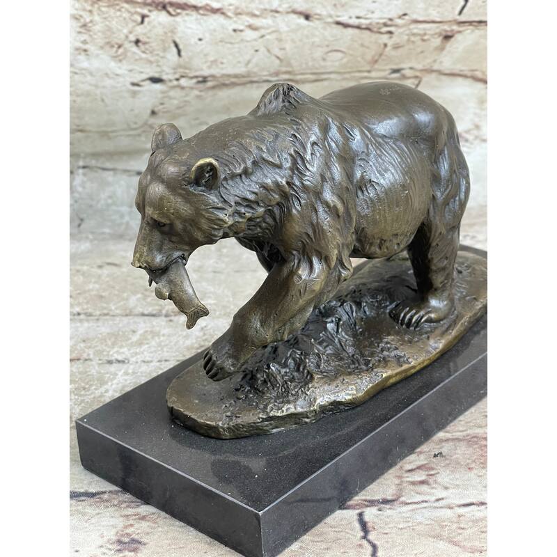 Bronze Grizzly Bear Hunting Fish River Sculpture Art Figurine Marble Base Figure