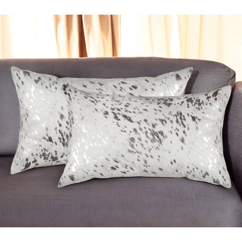 Set of Two 12" X 20" Gray and Silver Abstract Cowhide Lumbar Throw Pillows with Glitter - Set of 2 - Specialty